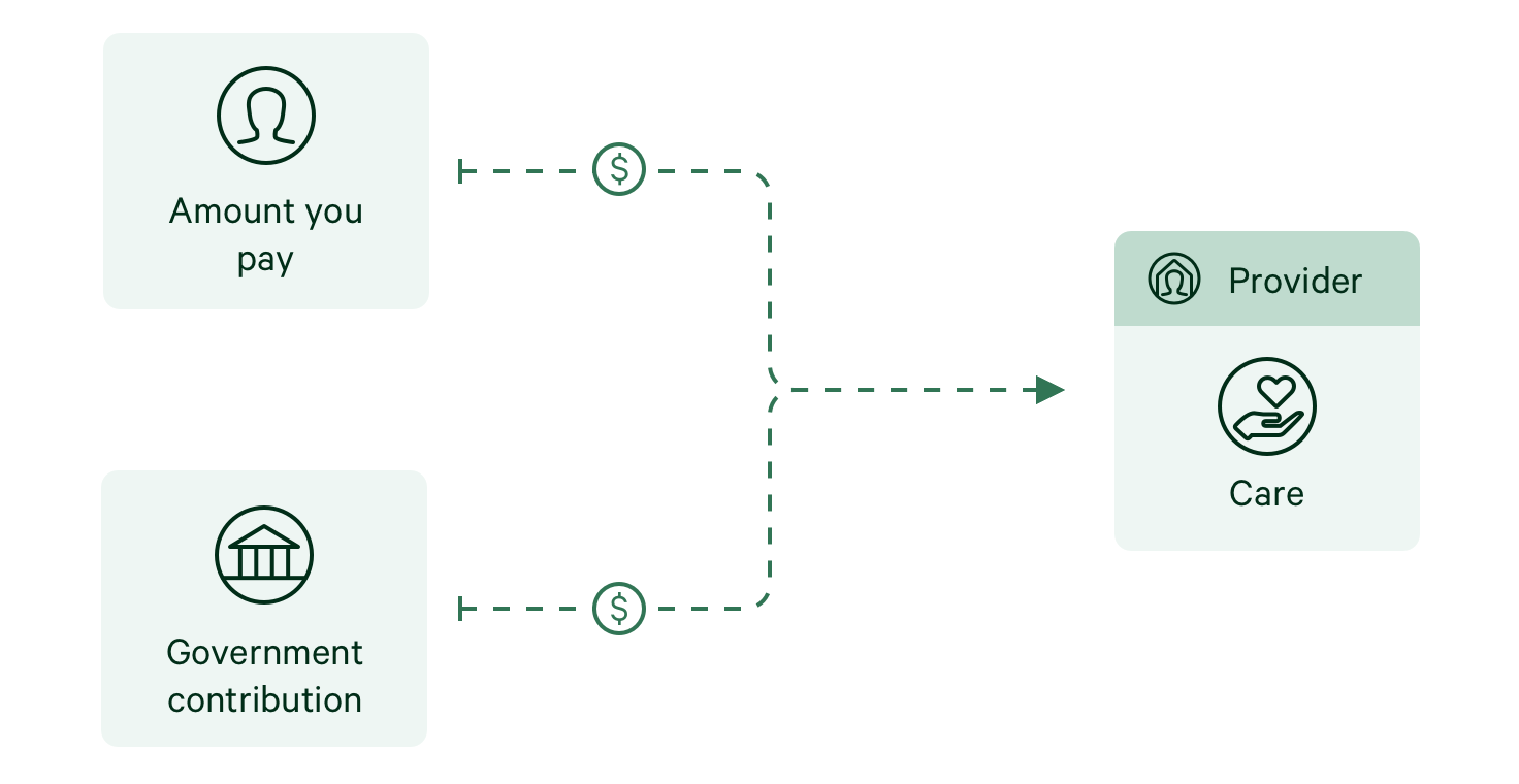 A diagram to explain how the cost distribution for the Aged Care Home packages works between the government and you.