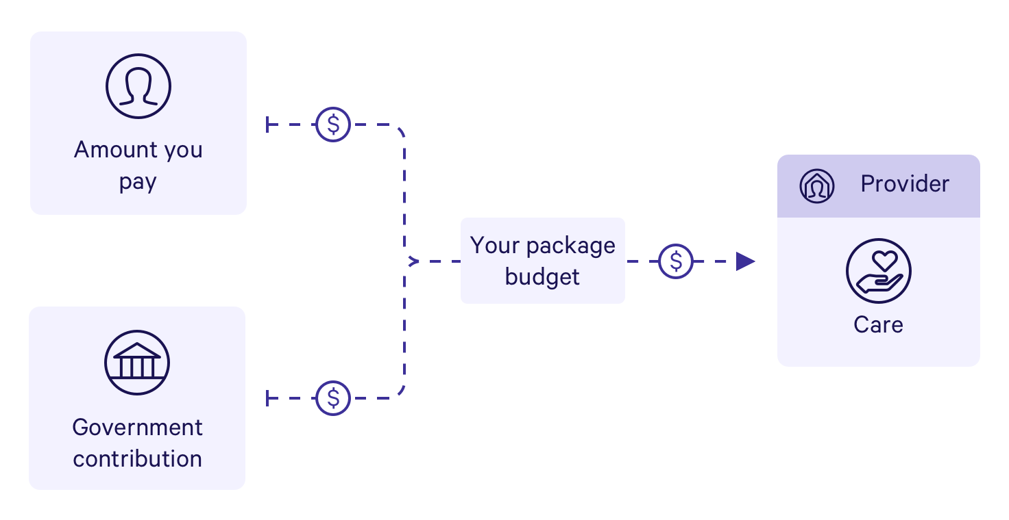 A diagram to explain how the cost distribution for the Home Care Package works between the government and you.