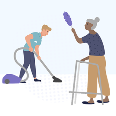 Man cleaning to help elderly woman